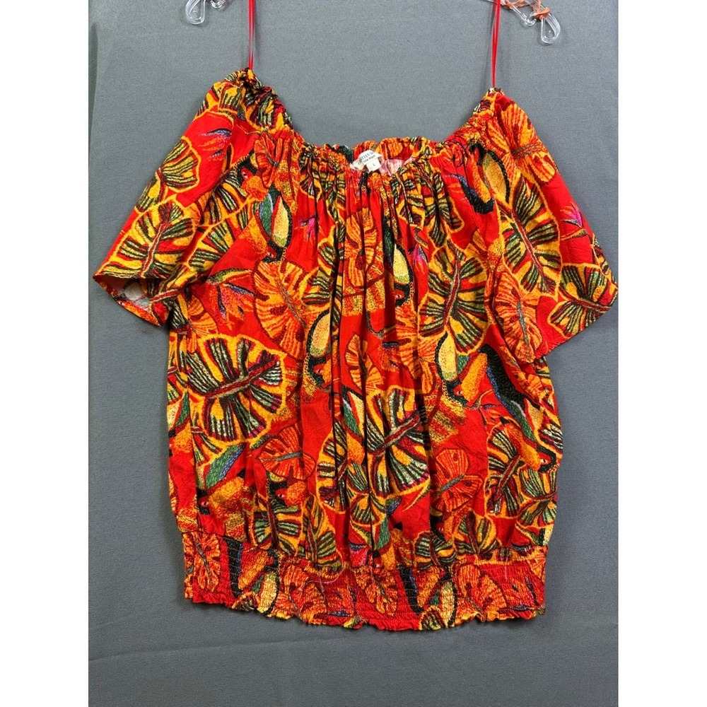 Christian Siriano New York Women's Tropical Leaf Blouse Red Orange Smocked Hem L